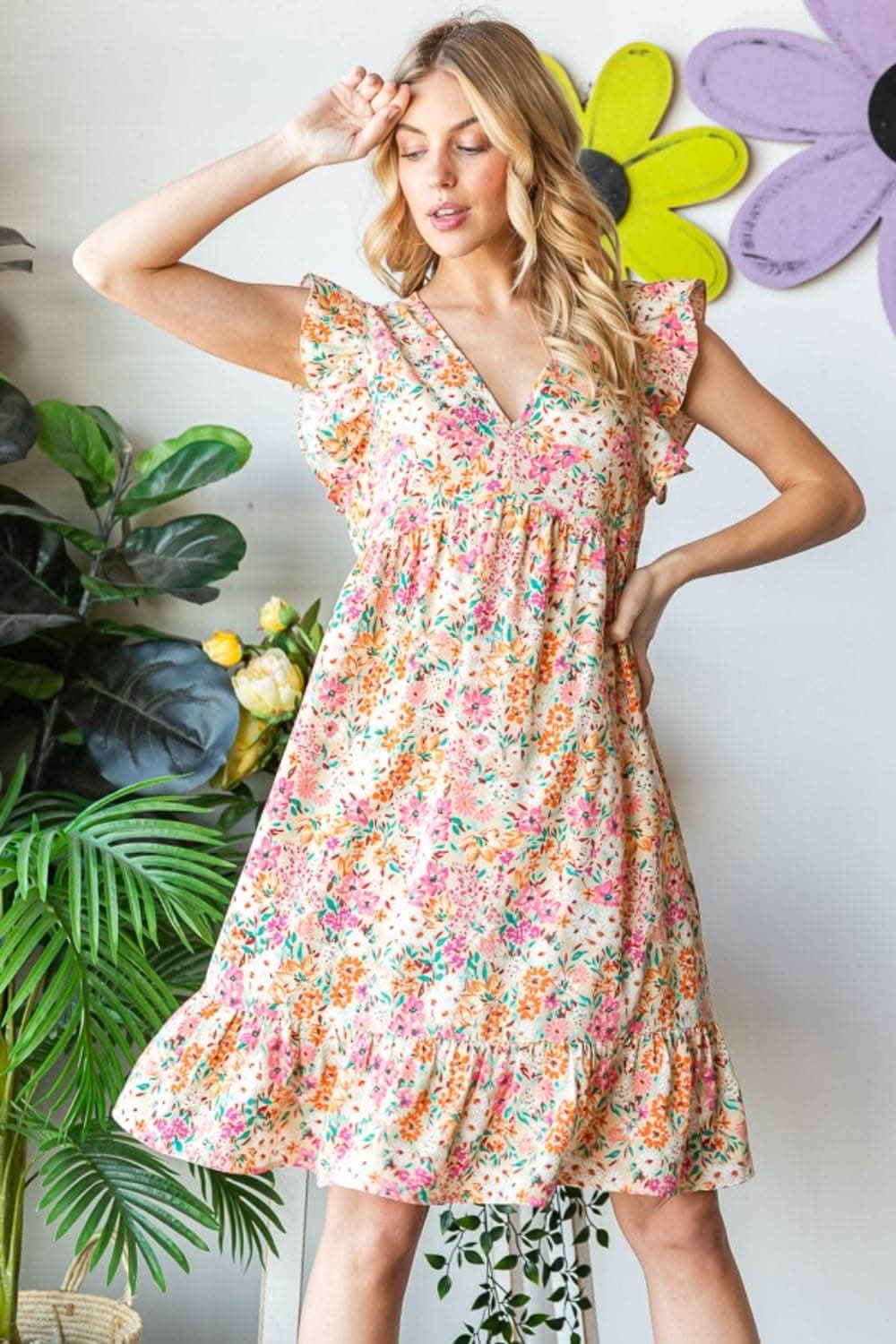 Heimish Full Size Floral Ruffled V-Neck Dress Elegance - Love Salve